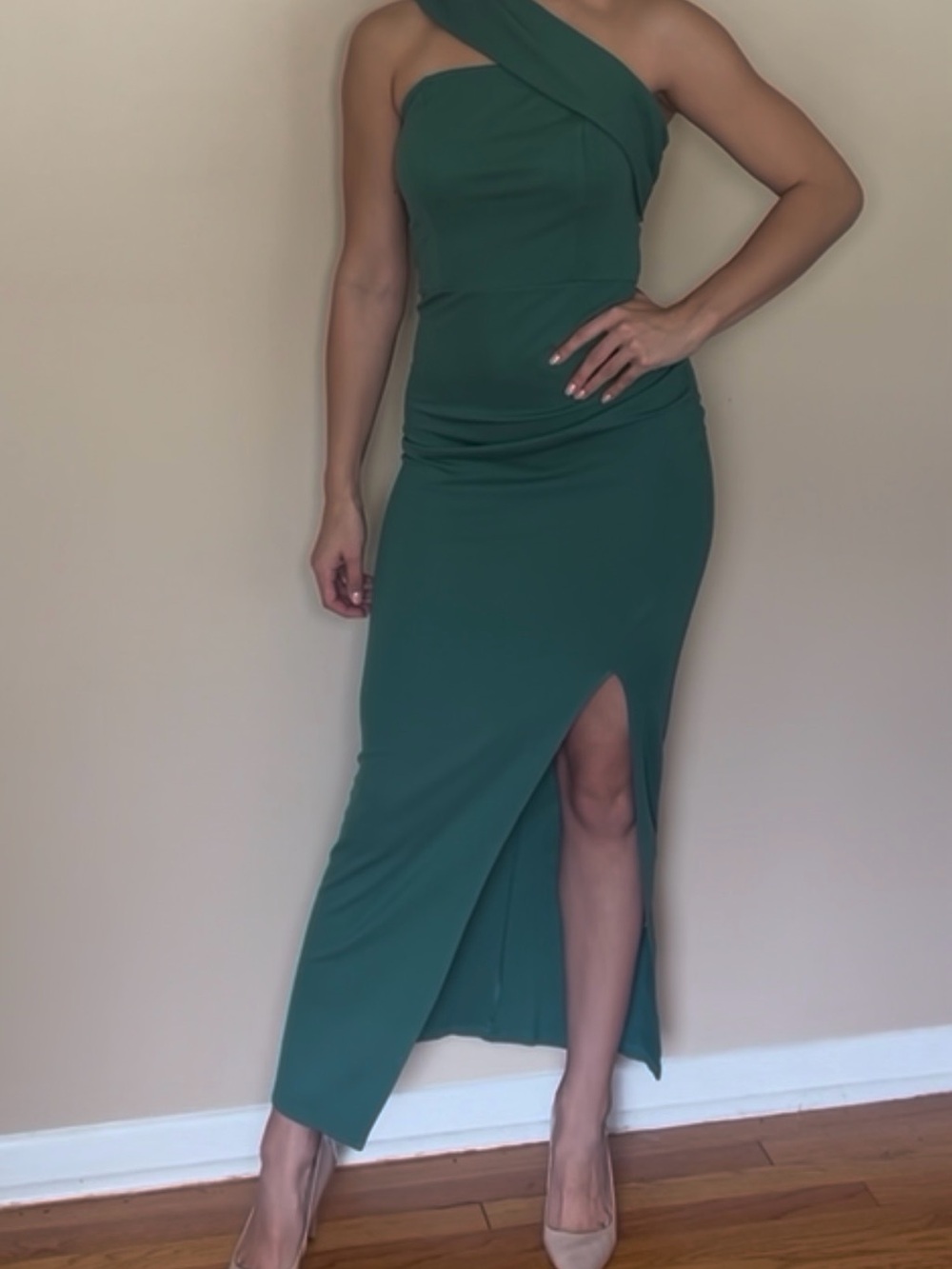 Grace Karin Emerald One-Shoulder Slit Gown